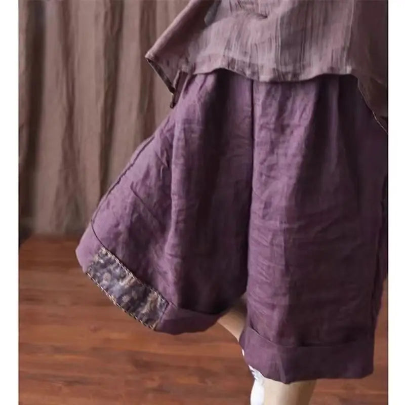 Retro Ethnic Style Patch Oversize Cotton Linen Short Pants Casual High Waist Beach Shorts Pantalones Cortos