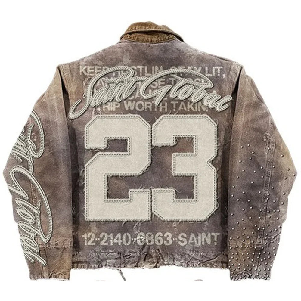 American Retro Washed Brown Jacket Y2K Clothes Letter Patch Embroidery Sequins Rhinestones Design Oversized Coats Casual Top