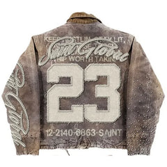 American Retro Washed Brown Jacket Y2K Clothes Letter Patch Embroidery Sequins Rhinestones Design Oversized Coats Casual Top