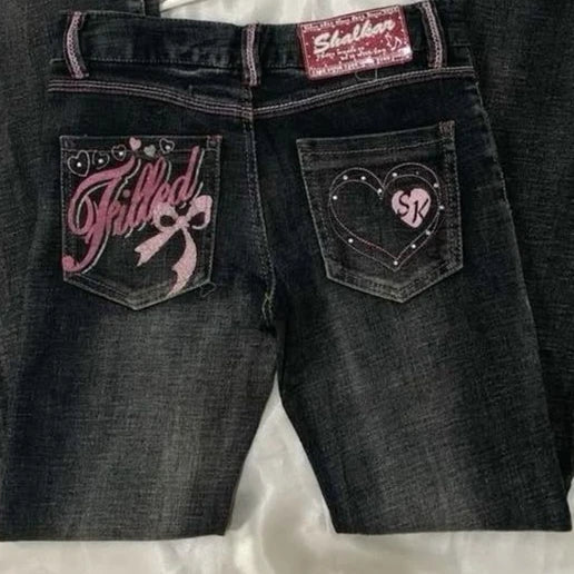 Gothic Sweetheart Jeans Y2K Clothes Hip Hop Love Letter Graphic Retro Baggy Jeans Smart Casual High Waist Wide Leg Trousers