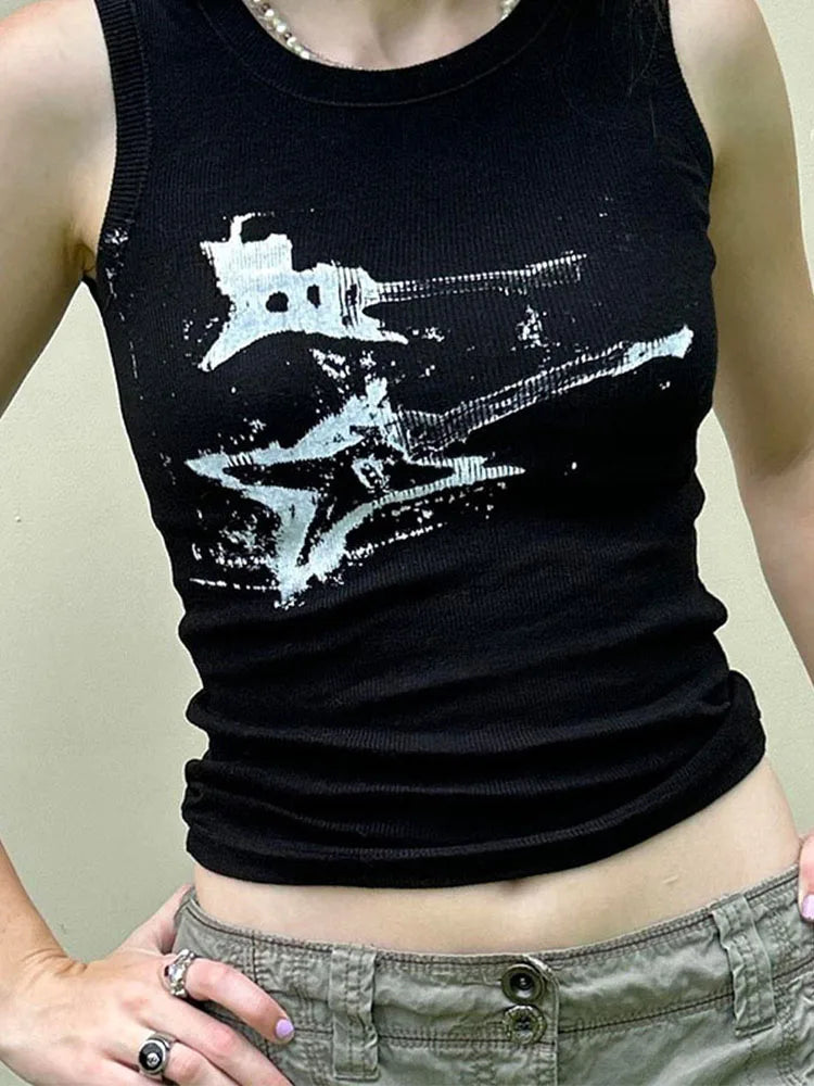 Guitar Print Sleeveless Tank Top Y2K Casual Ribbed Grunge Crop Top Harajuku Vest Tee 90s Street Outfits