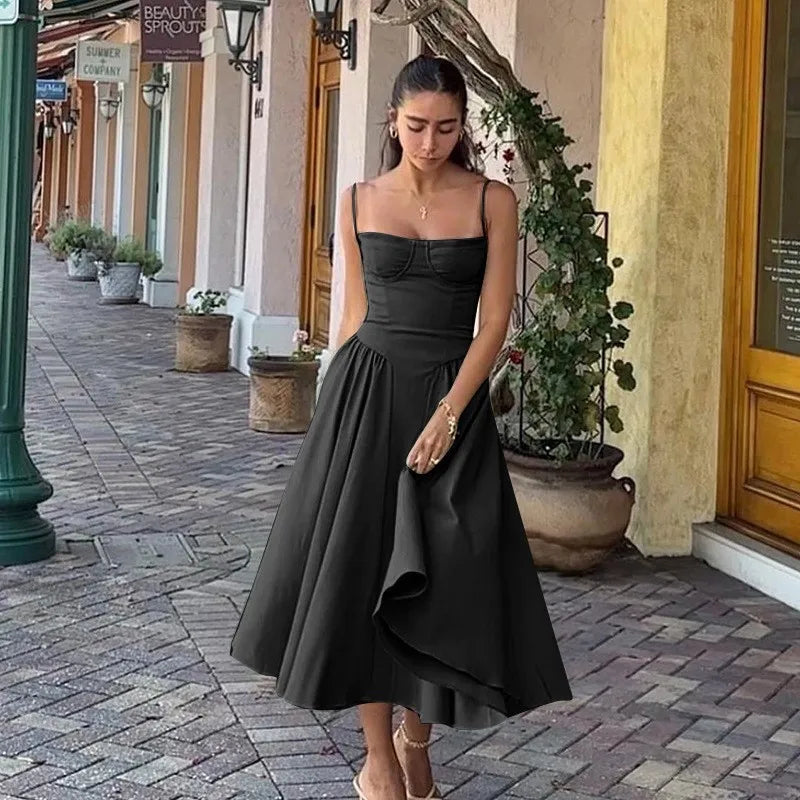 Elegant Sleeveless Backless Pleated Dresses Lady Solid Sling Midi Dress Party Evening A-line Robes