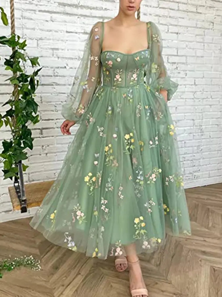 Prom Dresses Green Fairy Puffy Sleeve Lace Embroidery Tulle
