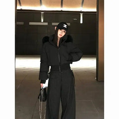 Solid Color Fur Collar Zipper Parka Jacketable Simple Trendy Zipper Short Jacket Harajuku Y2k Zipper Short Jacket
