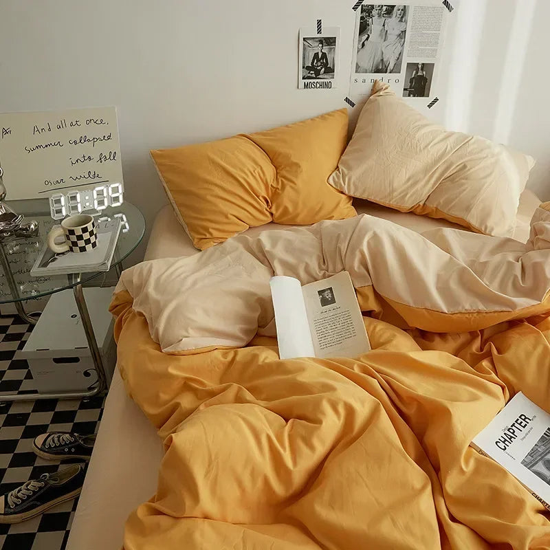 Solid Color Double Washed Cotton Bedding 4 Pieces Set Student Dormitory Bed Linen Duvet Set Bed Suit