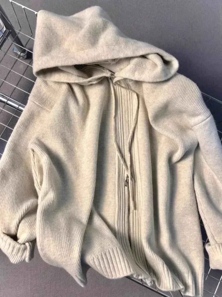 Gray Hooded Sweater Coat Double Zipper Long Sleeve Loose Korean Soft Thickened Knitted Tops Coats