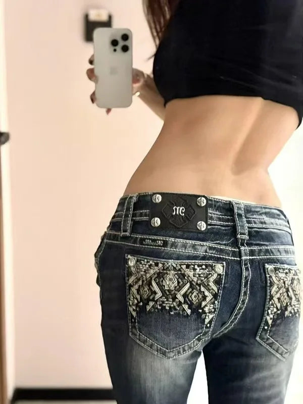 Y2K American Embroidery Diamond Retro Punk Low Waist Casual Jeans Blue Jeans Wings Pattern High Street Slim Leg Pants