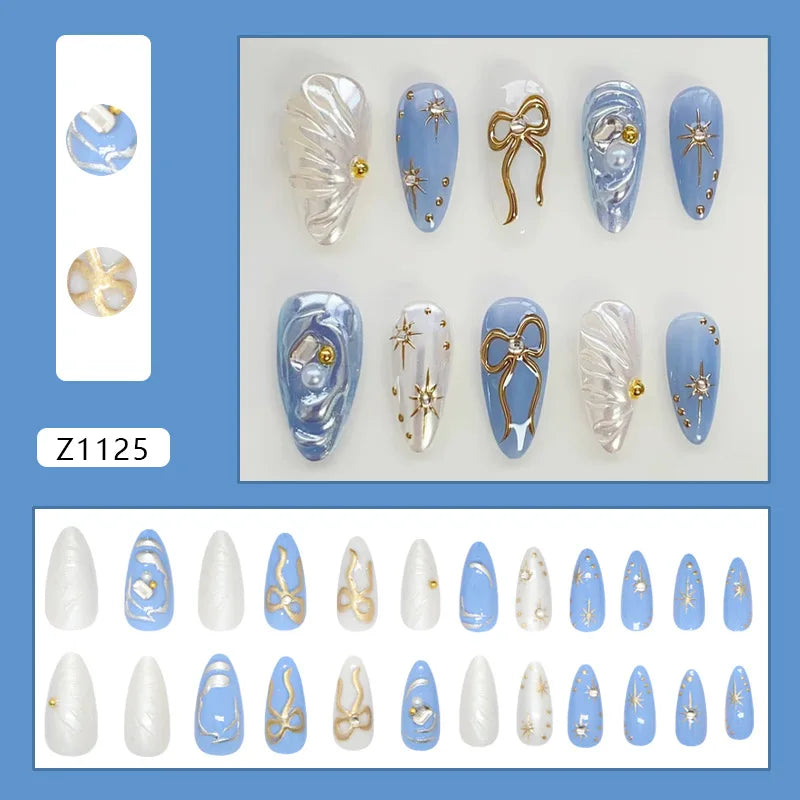 24pcs False Nails Glossy Green Almond Fake Nail Tips Wearable Detachable Flower Print Press on Nails