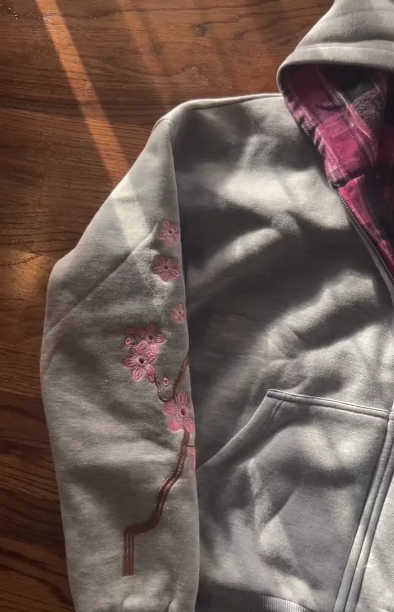 Y2K Vintage Cherry Blossom Embroidery Zipper Hoodie Harajuku Loose Reversible Simple Grid Jacket Pink Coat Streetwear