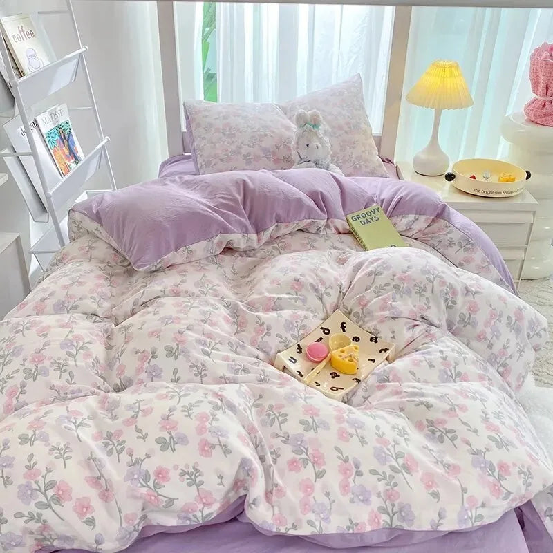Ins-style Class A ultra-soft double-layer yarn washed cotton 4-piece set, cute quilt cover, student dormitory single