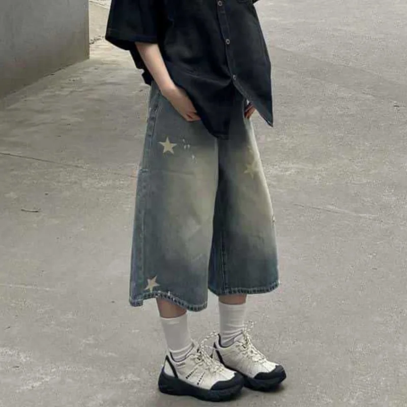 Retro Vintage Loose Wide Leg Jeans Star Print Y2K Harajuku Denim Shorts Casual Streetwear High Waist Washed Pants