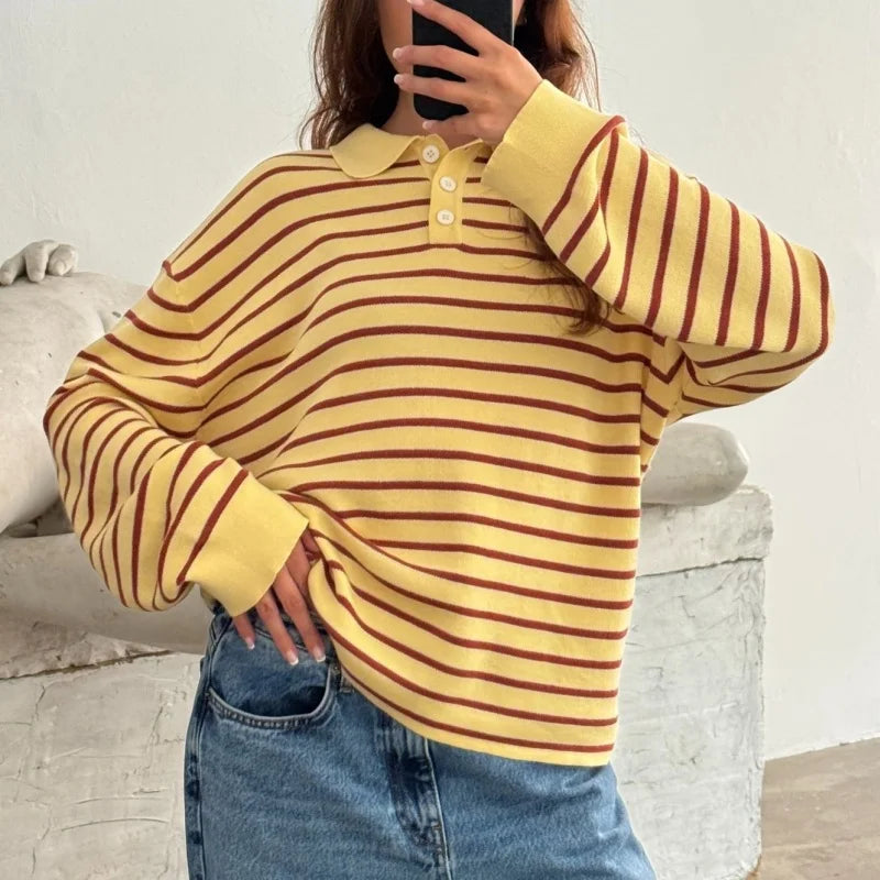 y2k Vintage Rib Knitted Striped Collared Sweater Loose Long Sleeve Pullover Knit Tops Casual Sweatirt Clothes