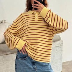 y2k Vintage Rib Knitted Striped Collared Sweater Loose Long Sleeve Pullover Knit Tops Casual Sweatirt Clothes
