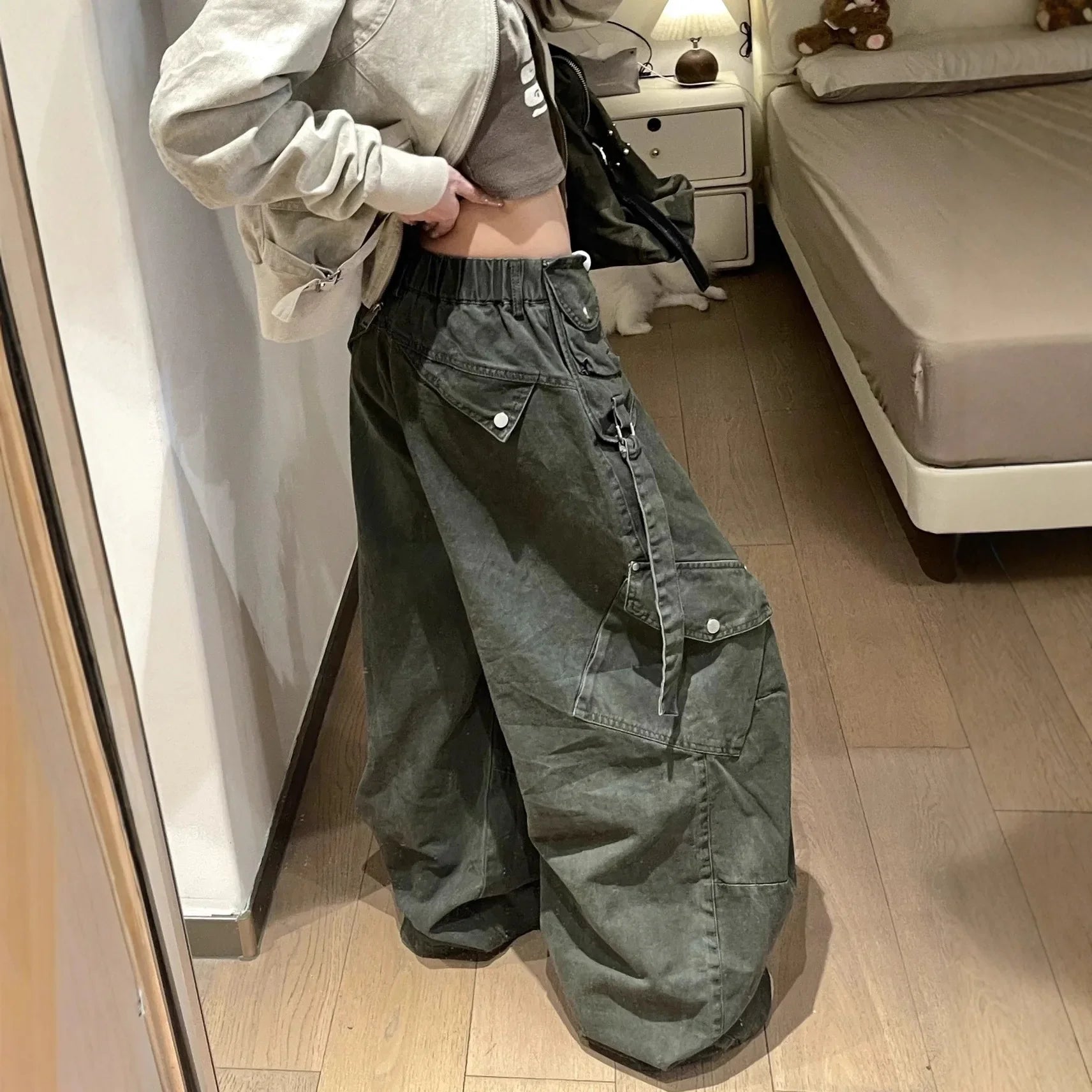 Retro Green Work Pants High Waist Wide Leg Loose Fit