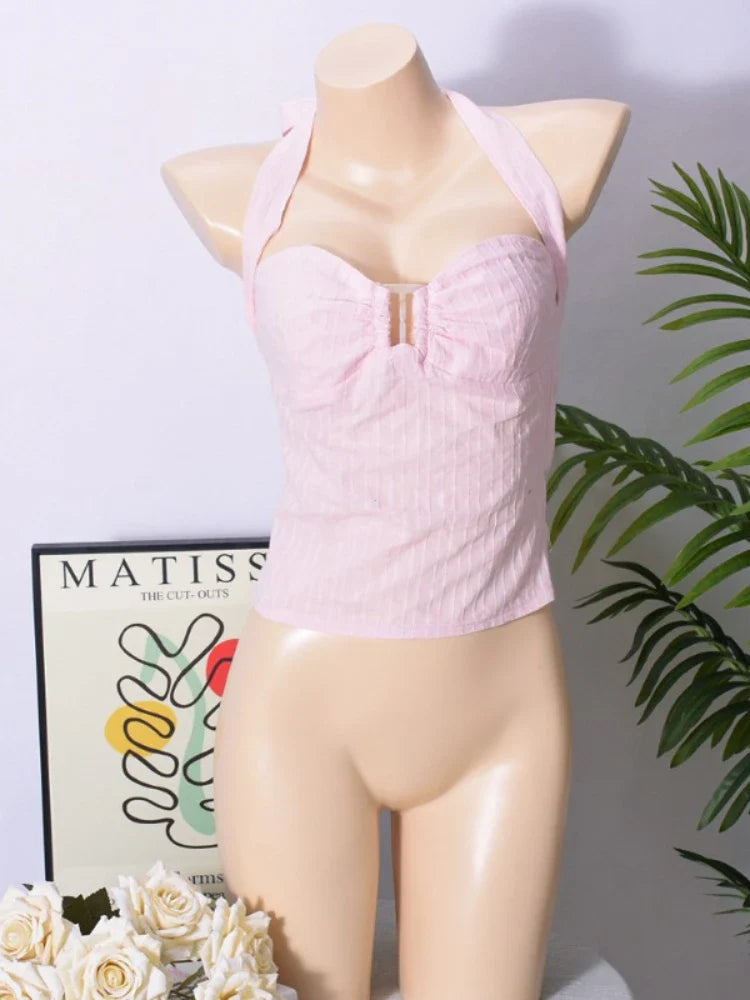Chic Pink Pleated Sleeveless Tops Lace Up Off Shoulder Slim Fit Halter Vest Vacation Party Top