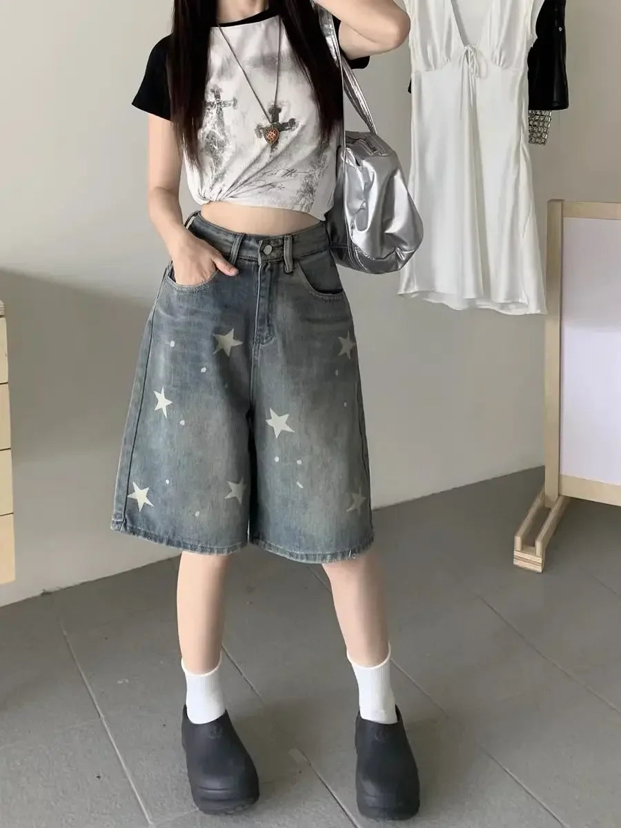 Y2k Style Baggy Denim Shorts Wide Leg Short Pants High Waisted Dark Wash Knee Length Loose Unisex Jeans Casual