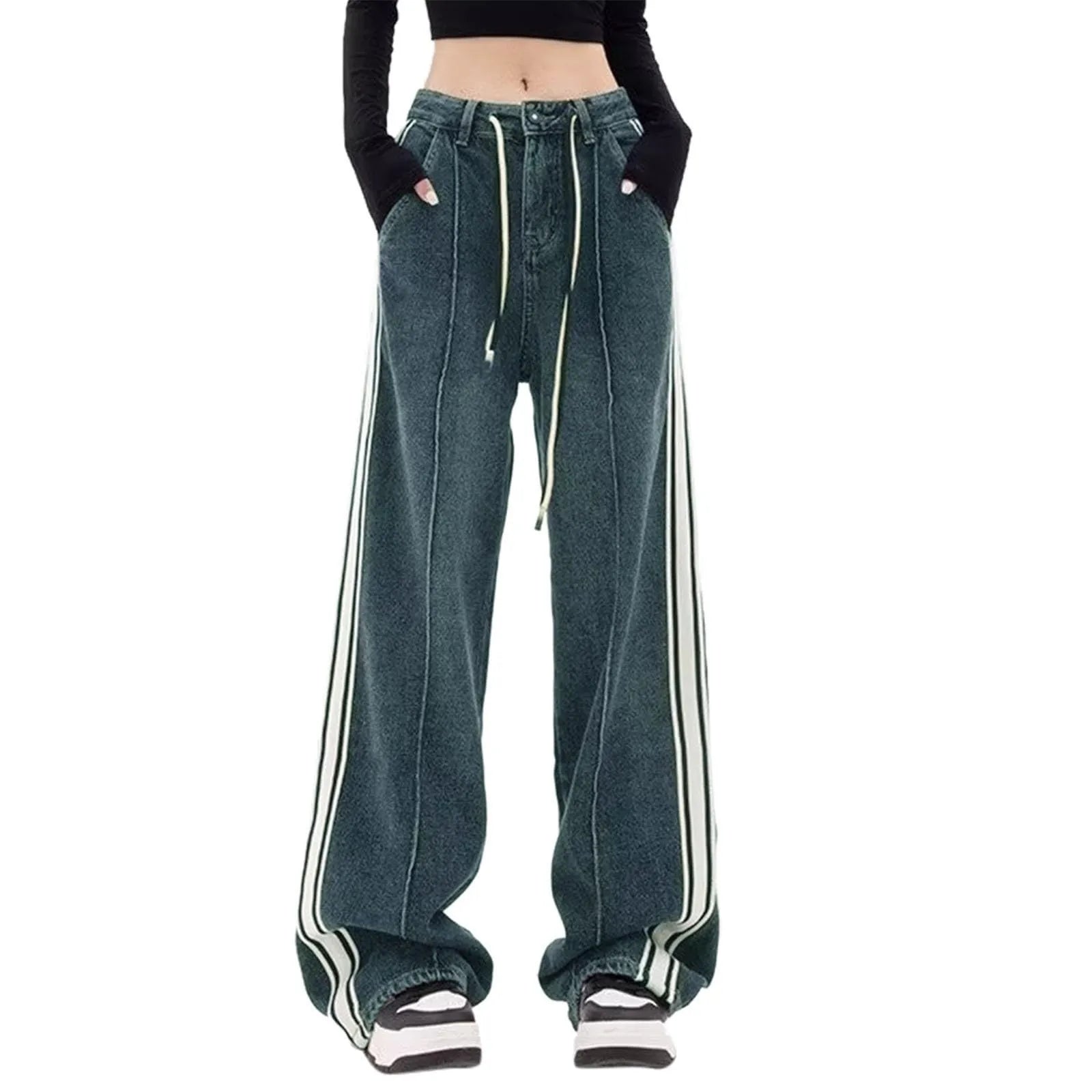 Trendy Denim Pants Striped Drawstring High Waist Jeans Harajuku Y2k Korean Style Vintage Loose Straight Rousers