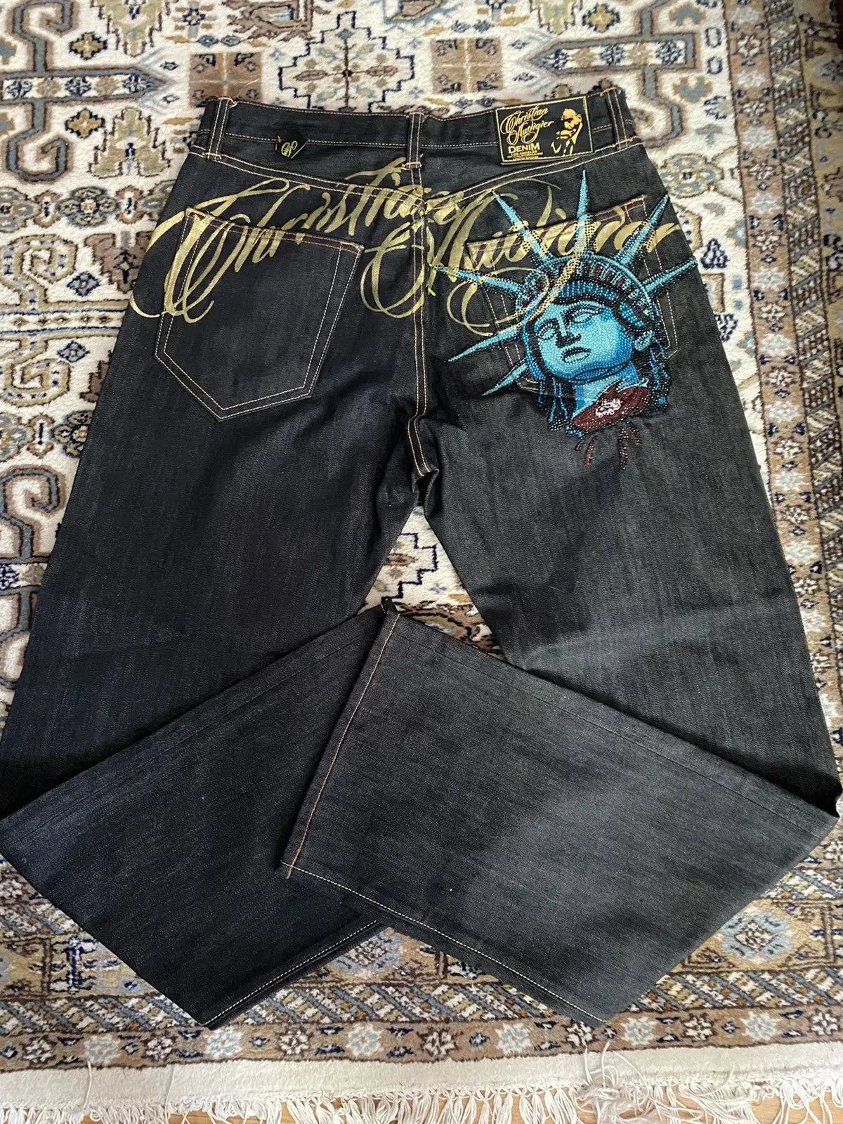 Harajuku Y2k 2000s Clothing Vintage Statue of liberty Diamonds Jeans Casual Denim Pants High Waist Straight Wide Leg Jeans
