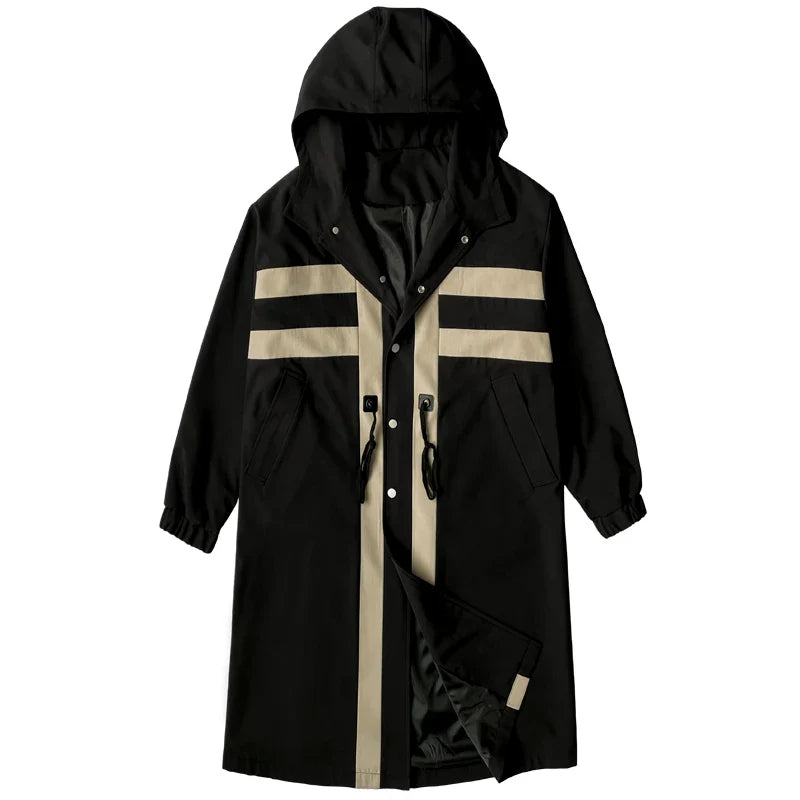 Trench coat Windbreaker Patchwork Color Medium Long Trenchcoat Korean Covered Button Male Hooded Trench Jacket