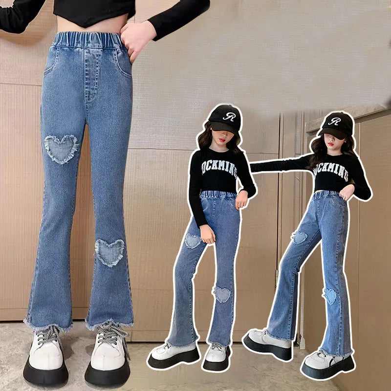 Teenage Girls Jeans Bead Lace Denim Girl Trousers Children's Stretch Waist Solid Pants Casual Bell-bottoms