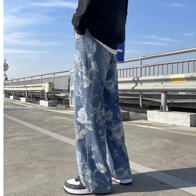 Printed Jeans Korean Styles Floral Denim Pant High Street Loose Straight Couples Trousers baggy hosen herren