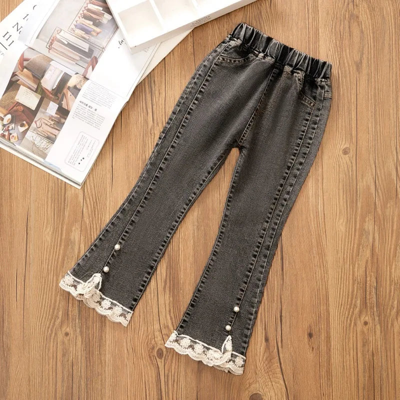 Teenage Girls Jeans Bead Lace Denim Girl Trousers Children's Stretch Waist Solid Pants Casual Bell-bottoms