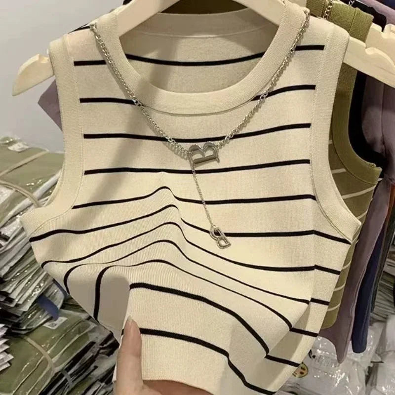 Striped Stretch Vest Basic Versatile Short Top Clothing