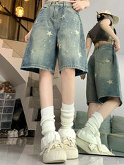High Waist American Retro Washed Wide Leg Jeans Girls Street Do Old Star Loose Denim Pants Blue Knee Length Shorts