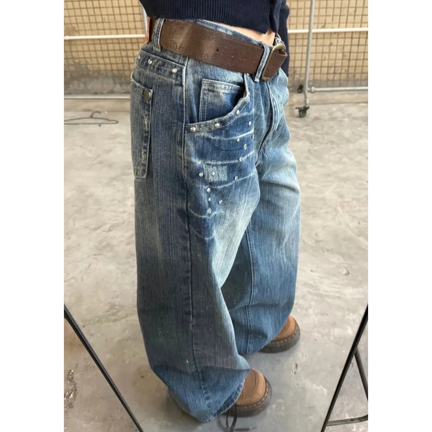 Retro American Rivet Low Waist Straight Leg Denim Jeans Spicy Girl High Street Unique Design Couple Vintage Style Long Trousers