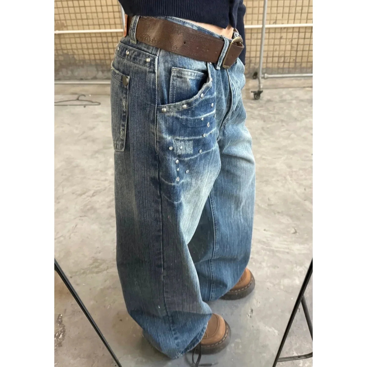 Retro American Rivet Low Waist Straight Leg Denim Jeans Spicy Girl High Street Unique Design Couple Vintage Style Long Trousers