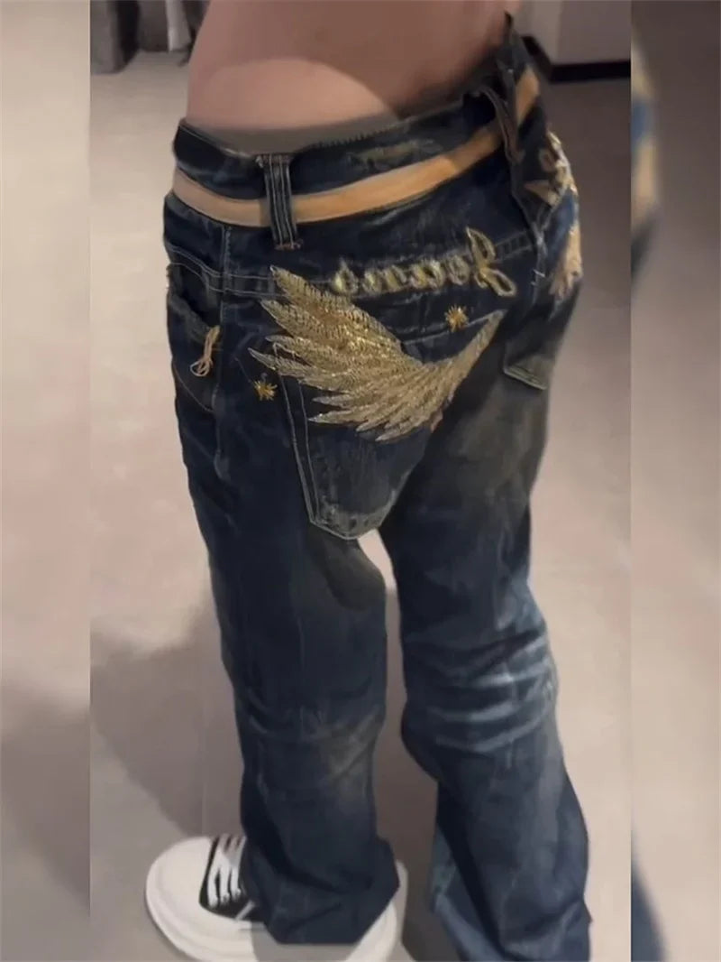American Personalized Gold Wing Embroidered Jeans Children's Girl Design Sense Low Waist Micro Flared Pants
