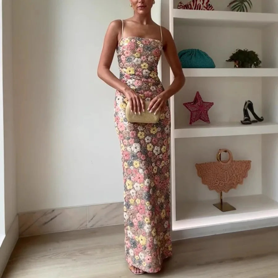 Summ Flowers Sequin Patchwork Slim Party Long Dress Strapless Maxi Dress, Sleeveless Ladies Dress Vestidos