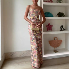 Summ Flowers Sequin Patchwork Slim Party Long Dress Strapless Maxi Dress, Sleeveless Ladies Dress Vestidos