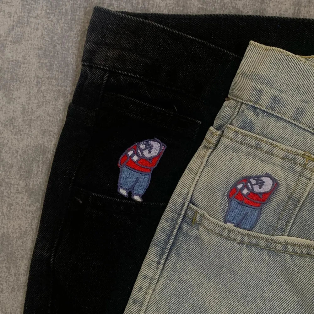 Y2K Embroidery Baggy Boy Jeans Streetwear Gothic Cartoon Blue Straight Jeans Retro Punk Rock High Waist Denim Trousers