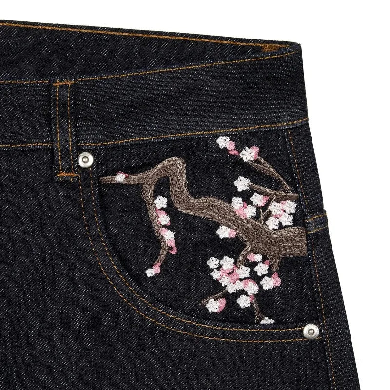 Y2K Baggy jeans Cherry Blossom Selvedge Embroidery Denim Pants denim fabric American Hiphop Streetwear Wide Leg Jeans
