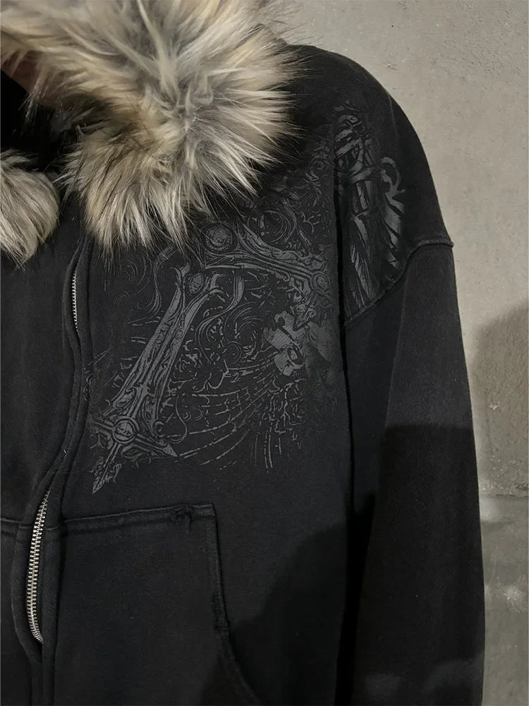 /Y2k Harajuku Faux Fur Collar Hoodies Clothes Graphic Hip Hop Punk Gothic Zip Up Hoodies new