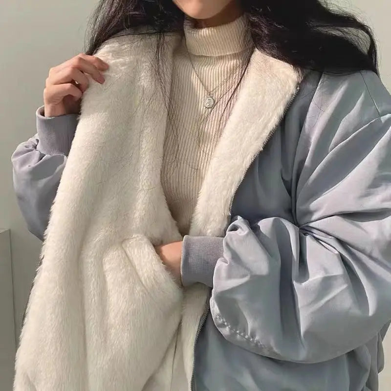 Korean Style Fleece-lined Thickened Double-sided Wear Lamb Wool Cotton-padded Coat Clothing Loose-fit Hooded Top