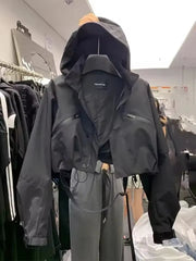 Short Hooded Jacket Black Loose Motorcycle Coats Street Windbreak Short Basic Coat