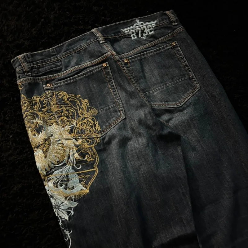 American Oversize Pattern Embroidered Baggy Jeans Y2K Gothic Harajuku Hip Hop Straight High Waist Wide Leg Pants