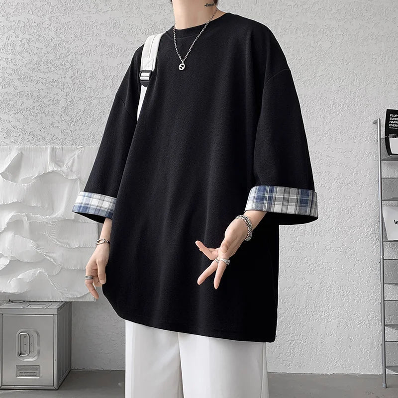 t shirts T-shirts Oversized 2XL Korean Style Loose Plaid T-shirt Casual Seven sleeves T-Shirt Male White