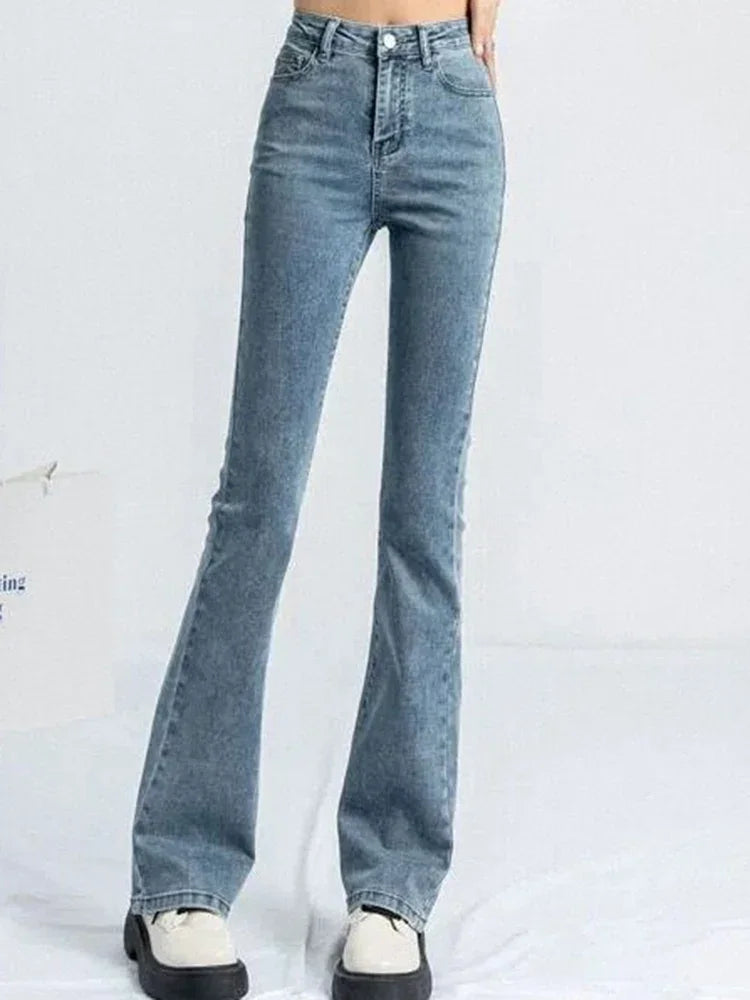 Korean Flare Jeans Girls High Waist Elastic Boot Cut Pants Lady Vintage Blue Black Gray Brown Denim Bell Bottom Trousers