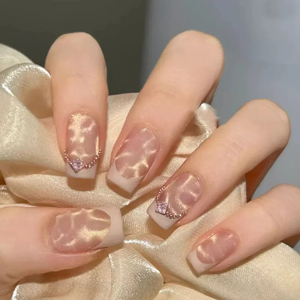 10Pcs Gentle Handwork Press On Nails French Style Flowers Butterfly Rhinestone Pearl Design Detachable False Nails Gift