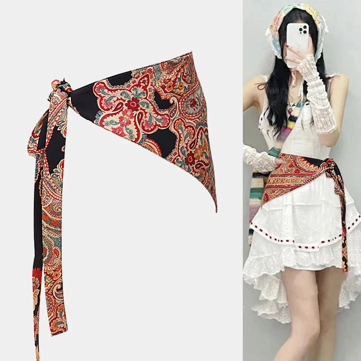 Chinese-style Bohemian ethnic triangular scarf tie, ladies' decorative waist cover, girl fart curtain