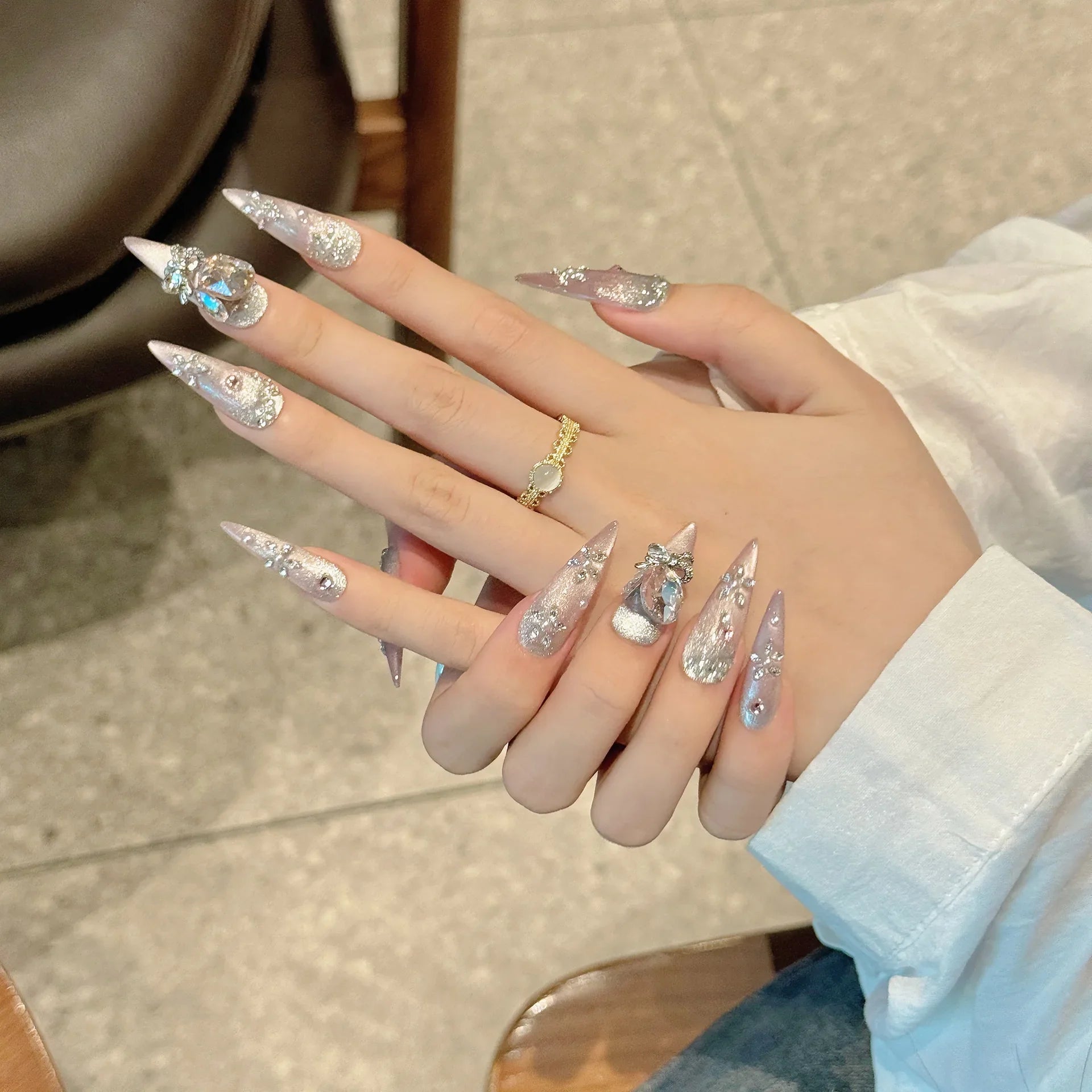 Handmade Press on Nails Shiny Pink Cat Eye Fake Nails
