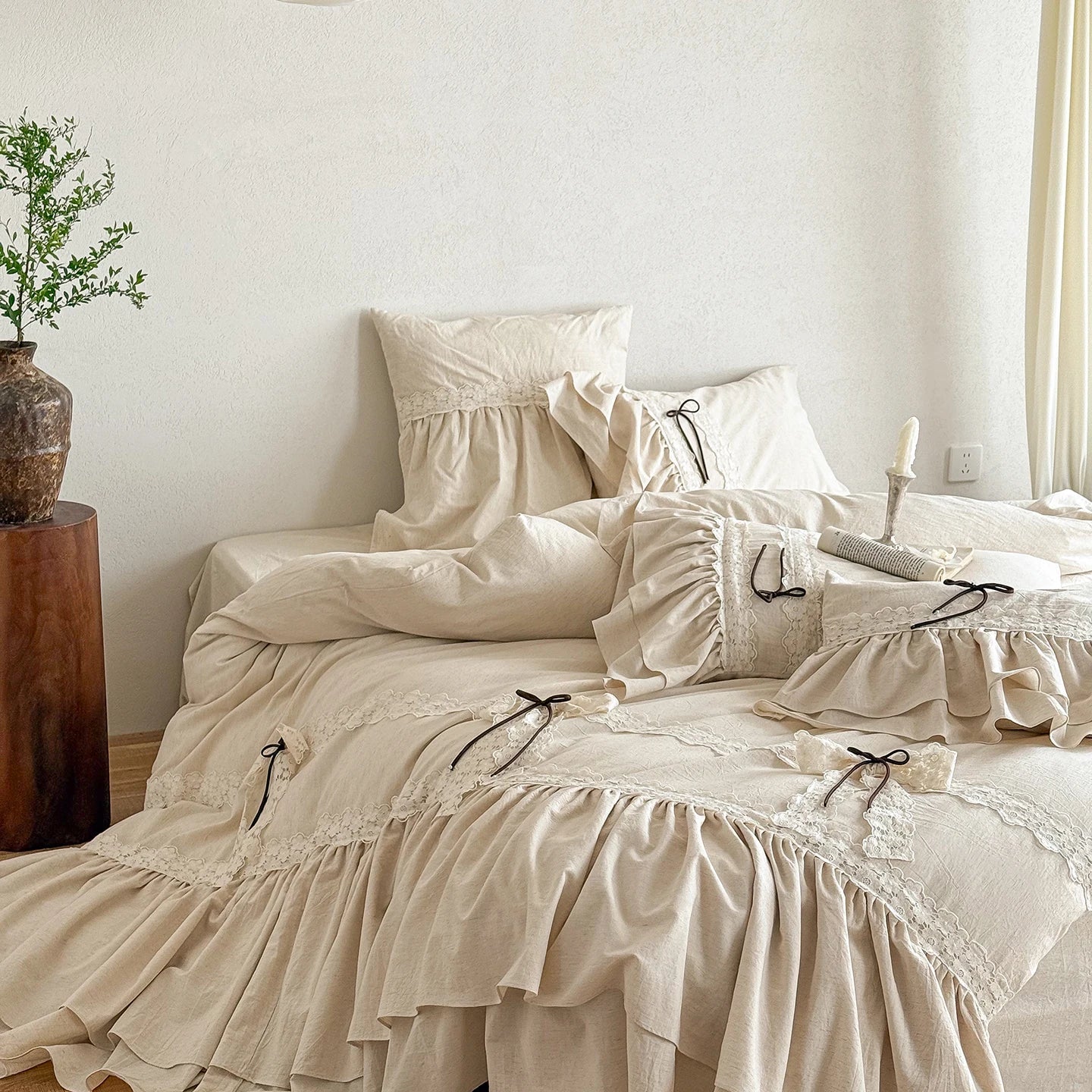 Double-layered Ruffles Lace Bow Princess Bedding Set Cotton Linen Blend Duvet Cover Set Flat/Fitted Bed Sheet Pillowcases 4Pcs