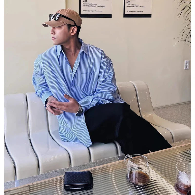 Blue Vertical Striped Long-Sleeved Shirt, Korean Style Casual Shirt Coat