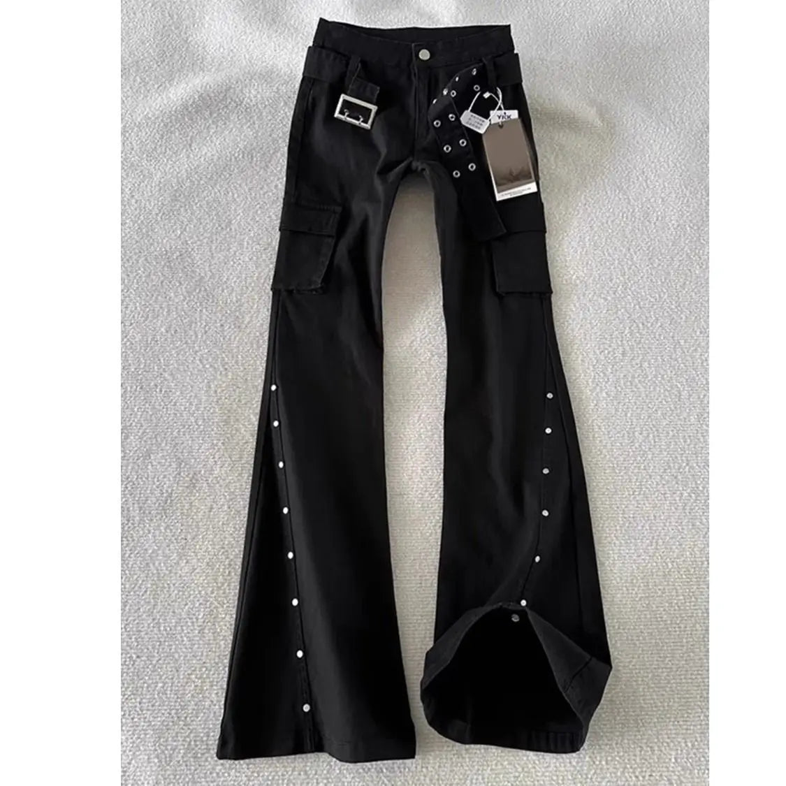 American Retro Dark Gothic Jeans High-street Mid-rise Rivet-decorated Flared Pants Y2K 2000s Cargo Pants