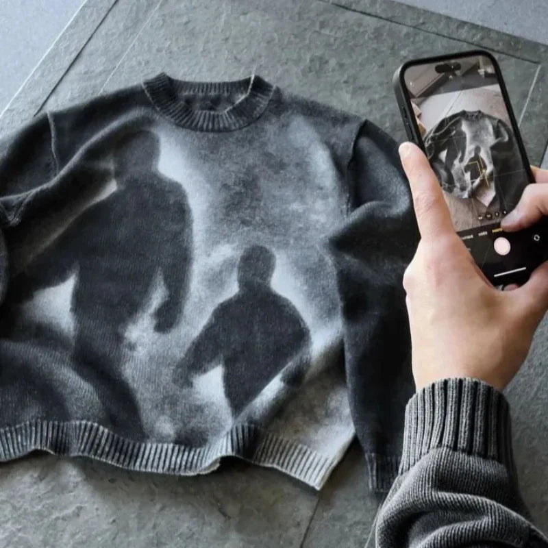 High Street Gradient Abstract Artistic Portrait Pattern Loose Knit Pullover European Punk Gothic Round Neck Long Sleeve Sweater