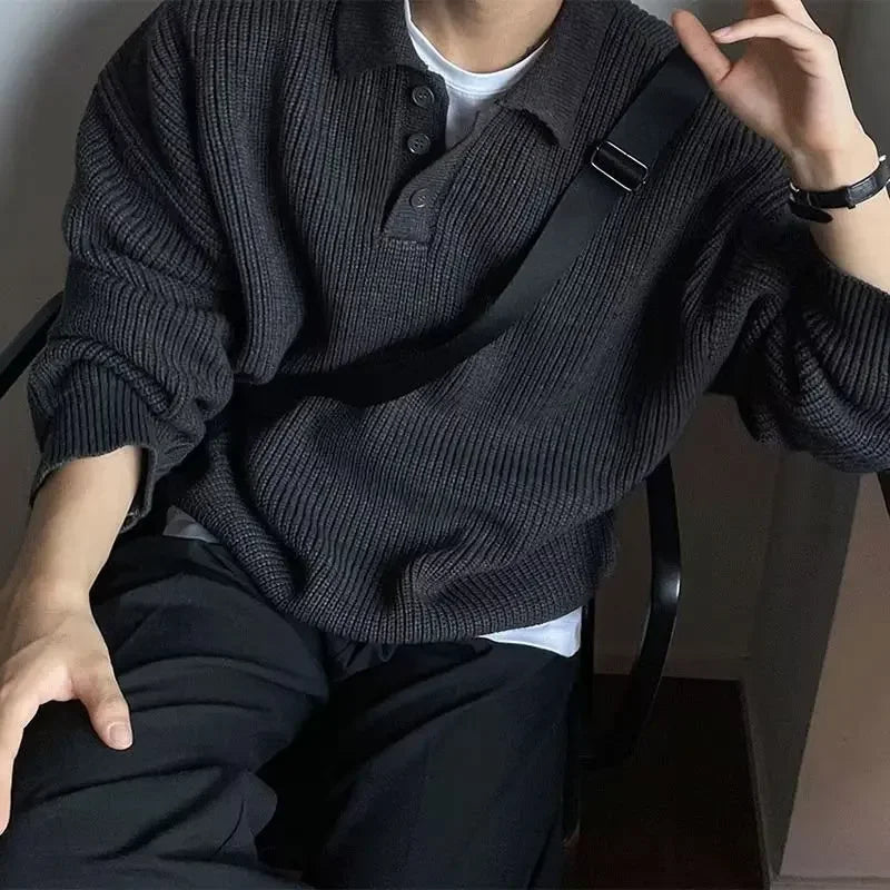 Laid-back Japanese Style Polo Neck Knitwear Hoodie American Retro High-End Crew Neck Pullover Student Top
