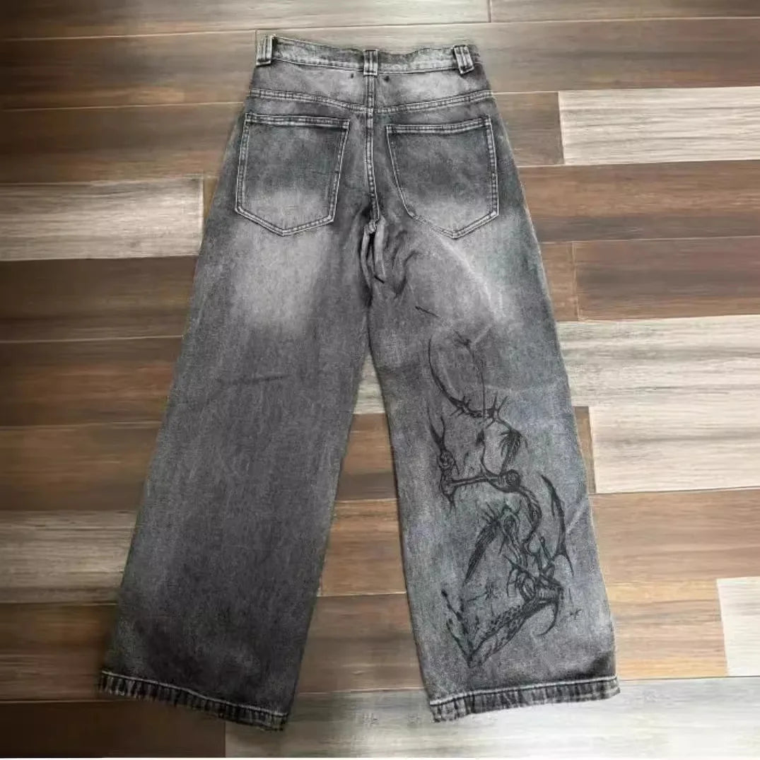 Mens Jeans Y2K Vintage Streetwear Black Gray Wide Leg Denim Pants Abstract Print Washed Distressed Loose Fit Dark Punk